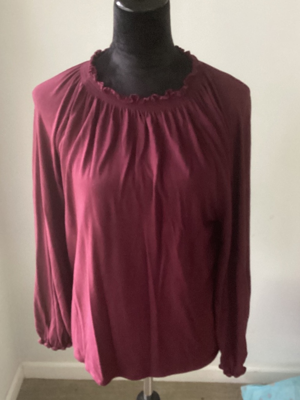 LOFT Long-Sleeve Ruffle-Neck Blouse - Burgundy